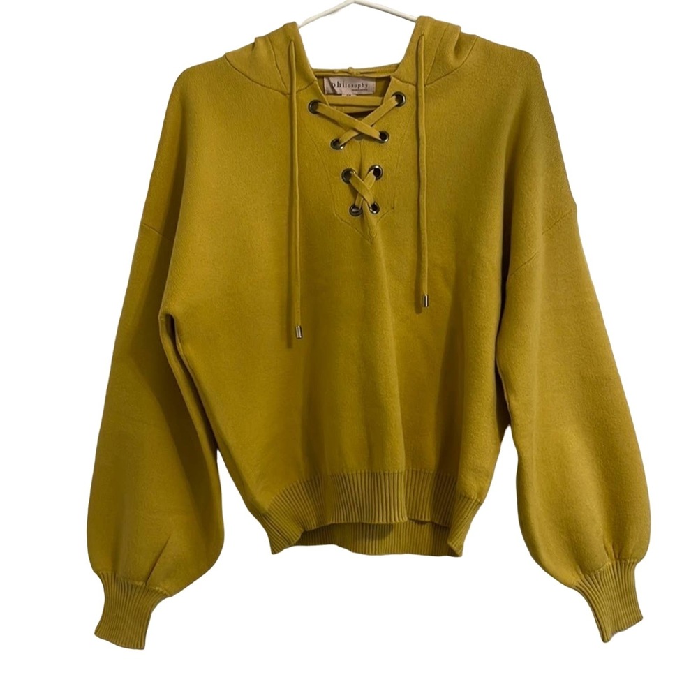 Philosophy Mustard Yellow Soft Lace-Up Hooded Sweater Women's Size Small NWT